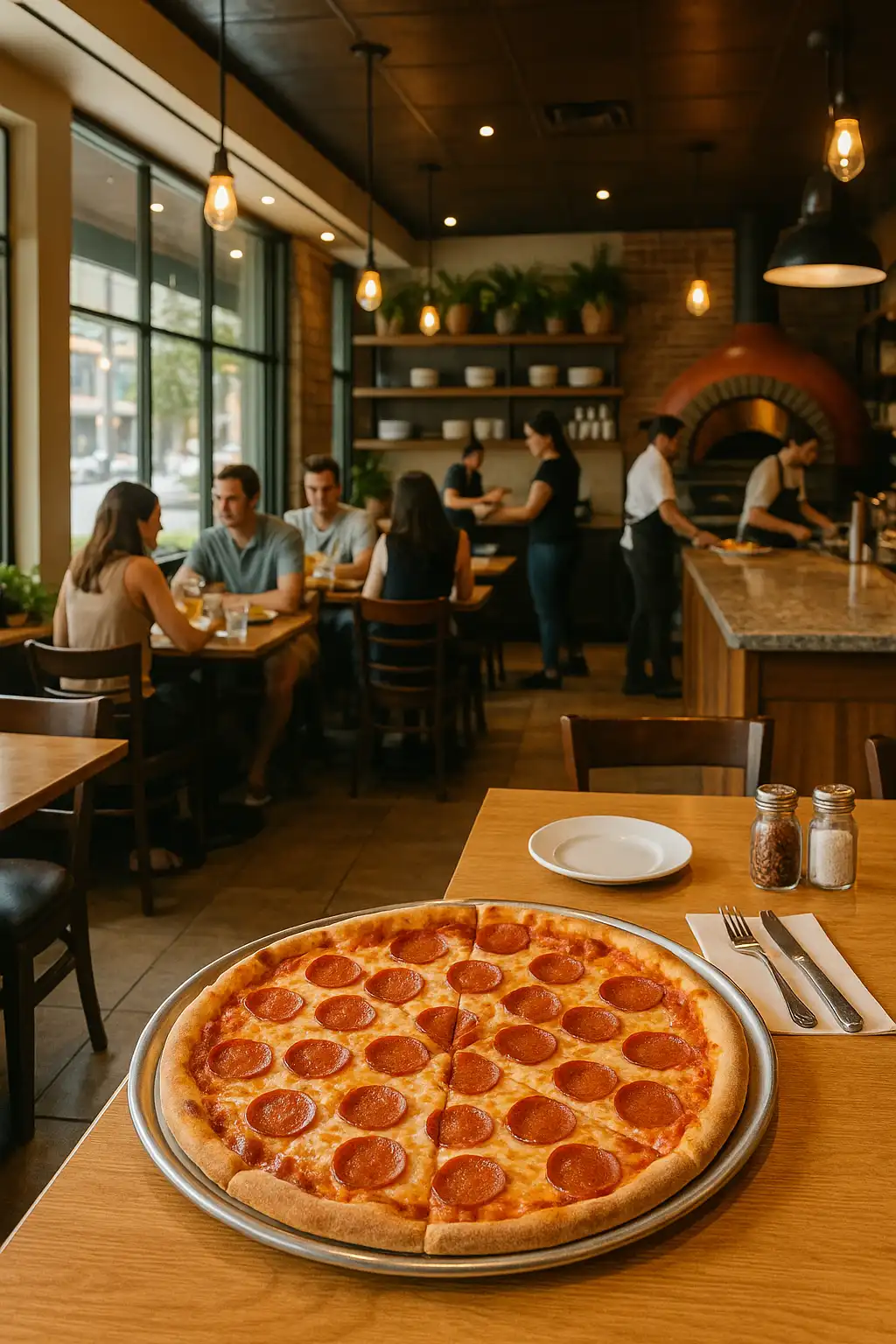 베트남 레스토랑의 피자 매장 실내 — 석쇠 오븐과 오픈 키친, 테이블 위의 페퍼로니 피자