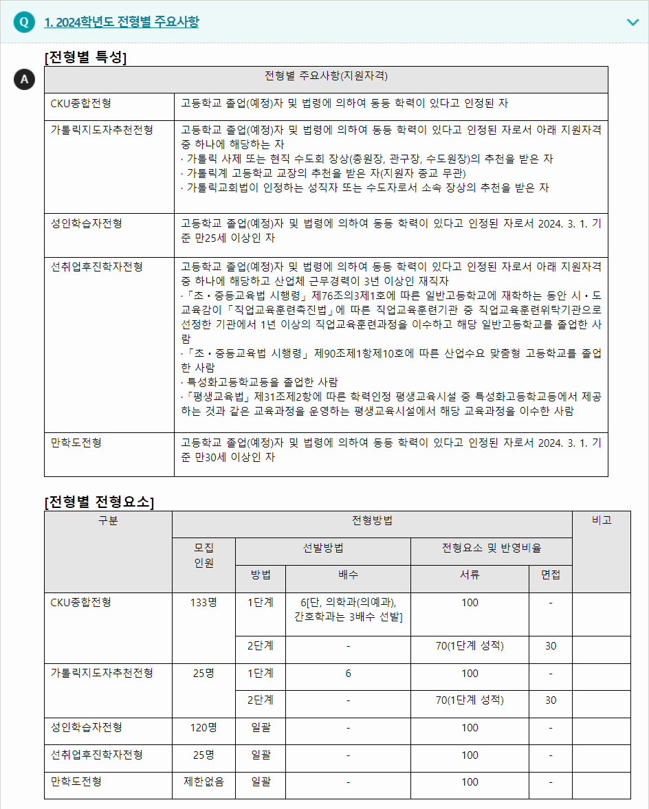 2024학년도 가톨릭관동대학교 학생부종합전형 전형별 주요사항