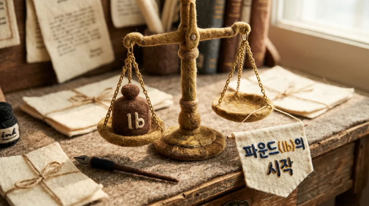 무게 단위 파운드를 나타내는 양모로 만든 고풍스러운 저울과 옛 문서들