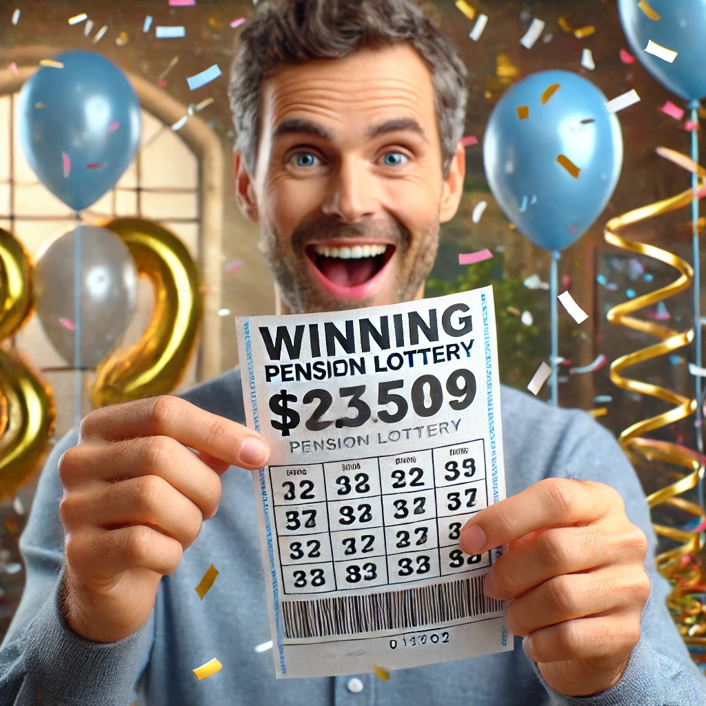 연금복권 당첨 티켓을 들고 환호하는 사람&amp;#44; 배경에 풍선과 축하 장식.