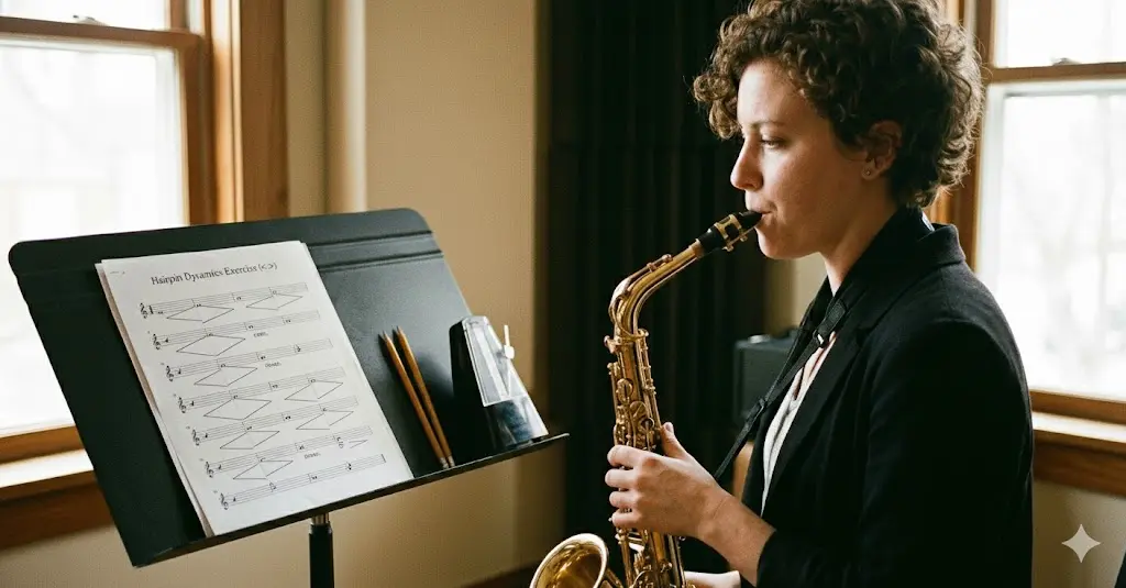 '크레셴도(점점 세게)'와 '데크레셴도(점점 여리게)'를 연결한 '헤어핀(< >)' 연습