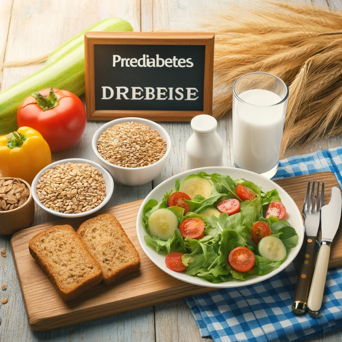 채소 샐러드와 통곡물 빵이 포함된 간단한 아침 식사 장면