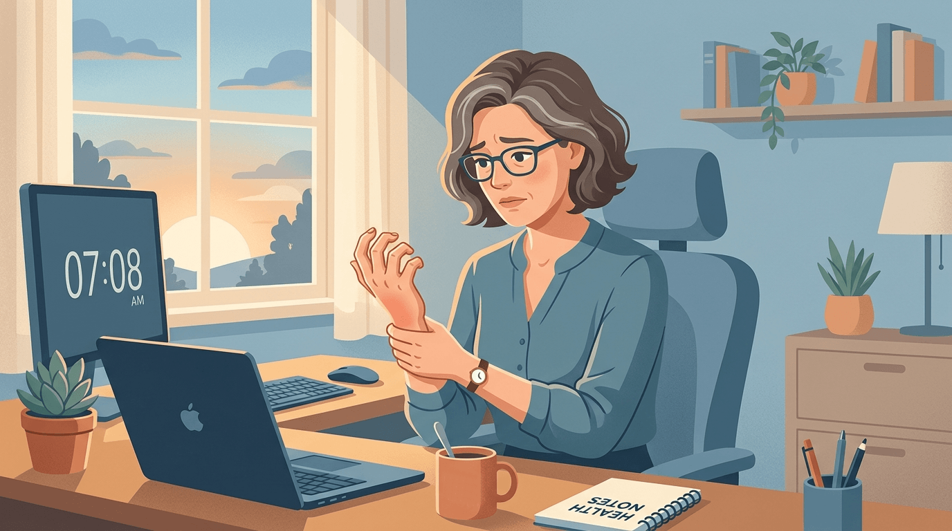 손발 저림으로 고민하는 40대 직장인이 아침에 손을 쥐었다 펴는 장면 일러스트