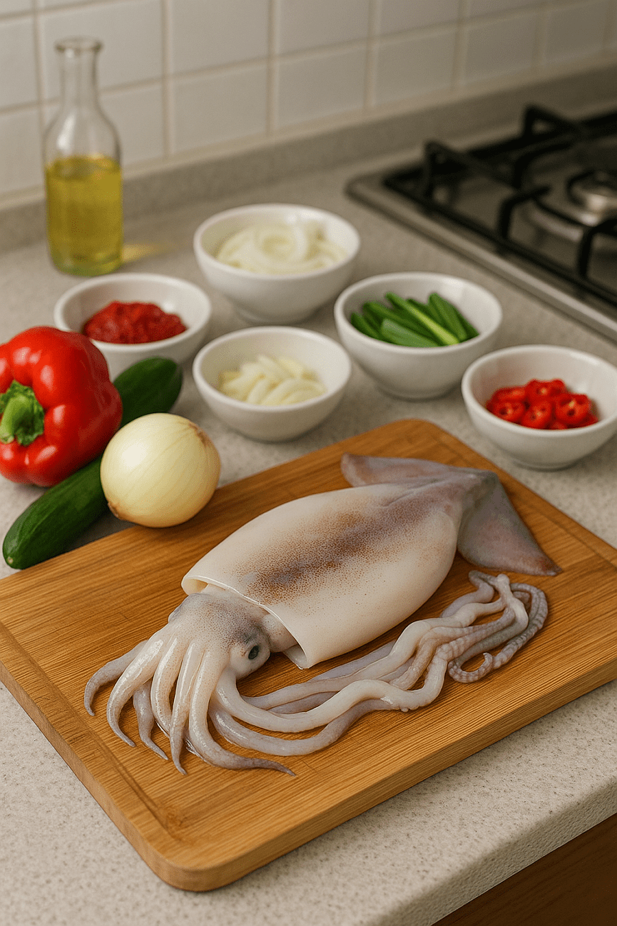 오징어볶음 레시피 재료: 오징어, 양파, 고추장, 양파, 대파, 청양고추 루페 톡톡육수 한알, 간장, 고춧가루,설탕, 다진마늘, 참기름