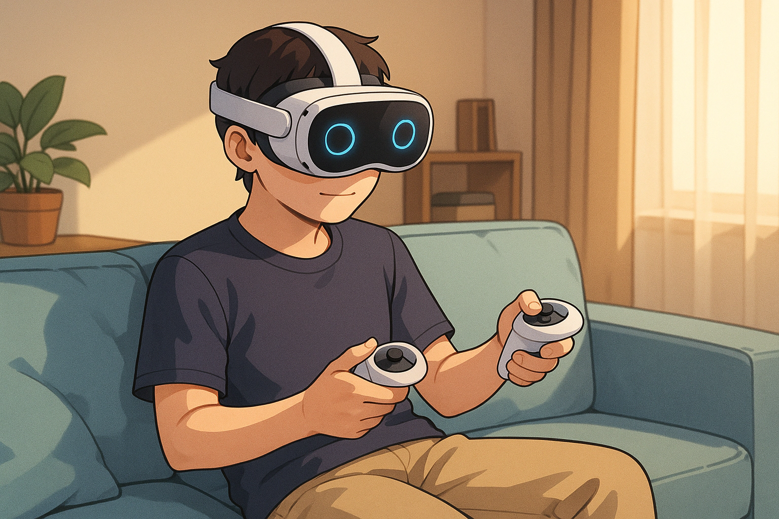 소파에 앉아 VR 헤드셋과 컨트롤러를 사용하는 사용자 모습