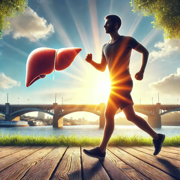 간 건강 관리를 위해 야외에서 조깅하는 사람, 밝은 공원 배경과 활기찬 분위기