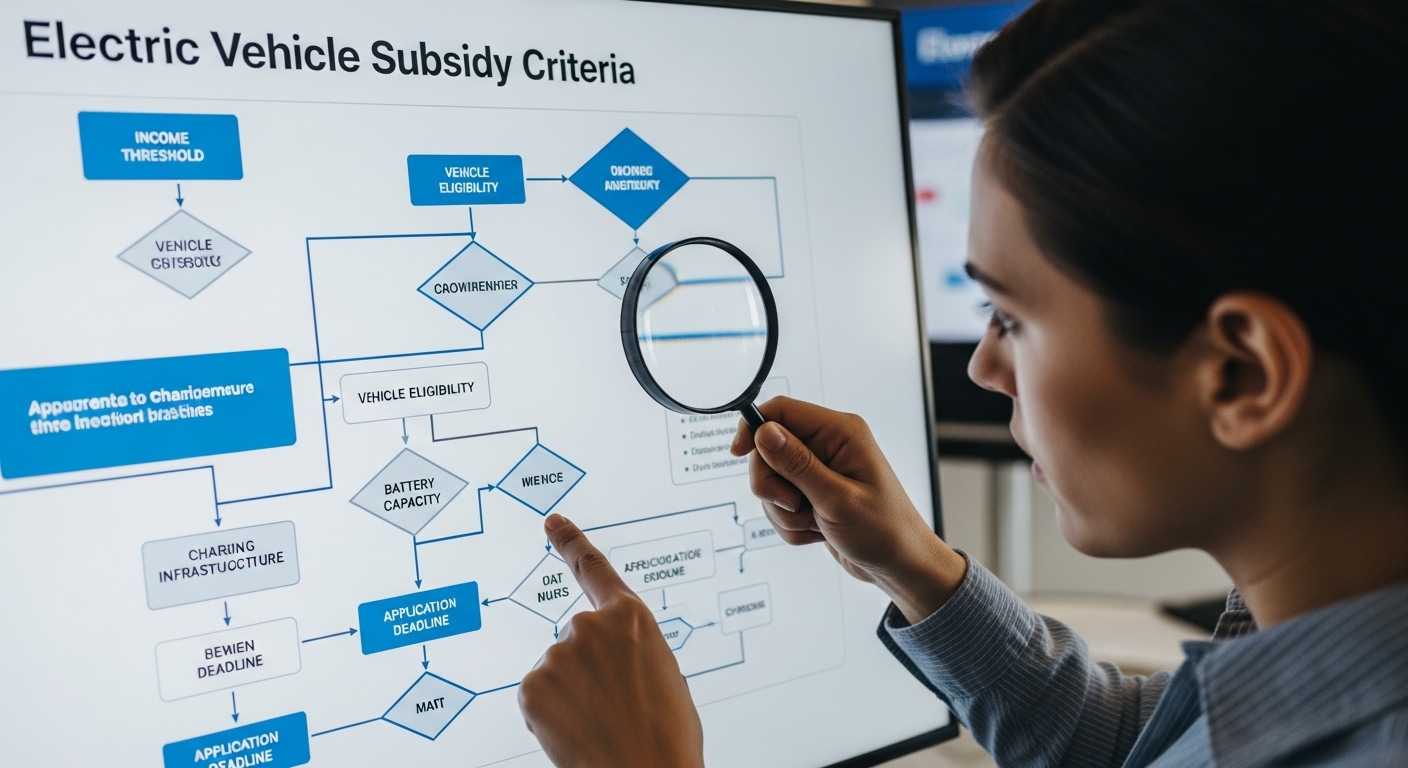 전기차 보조금 기준을 꼼꼼히 분석하는 사람의 모습, 복잡한 정책을 이해하려는 노력을 상징.