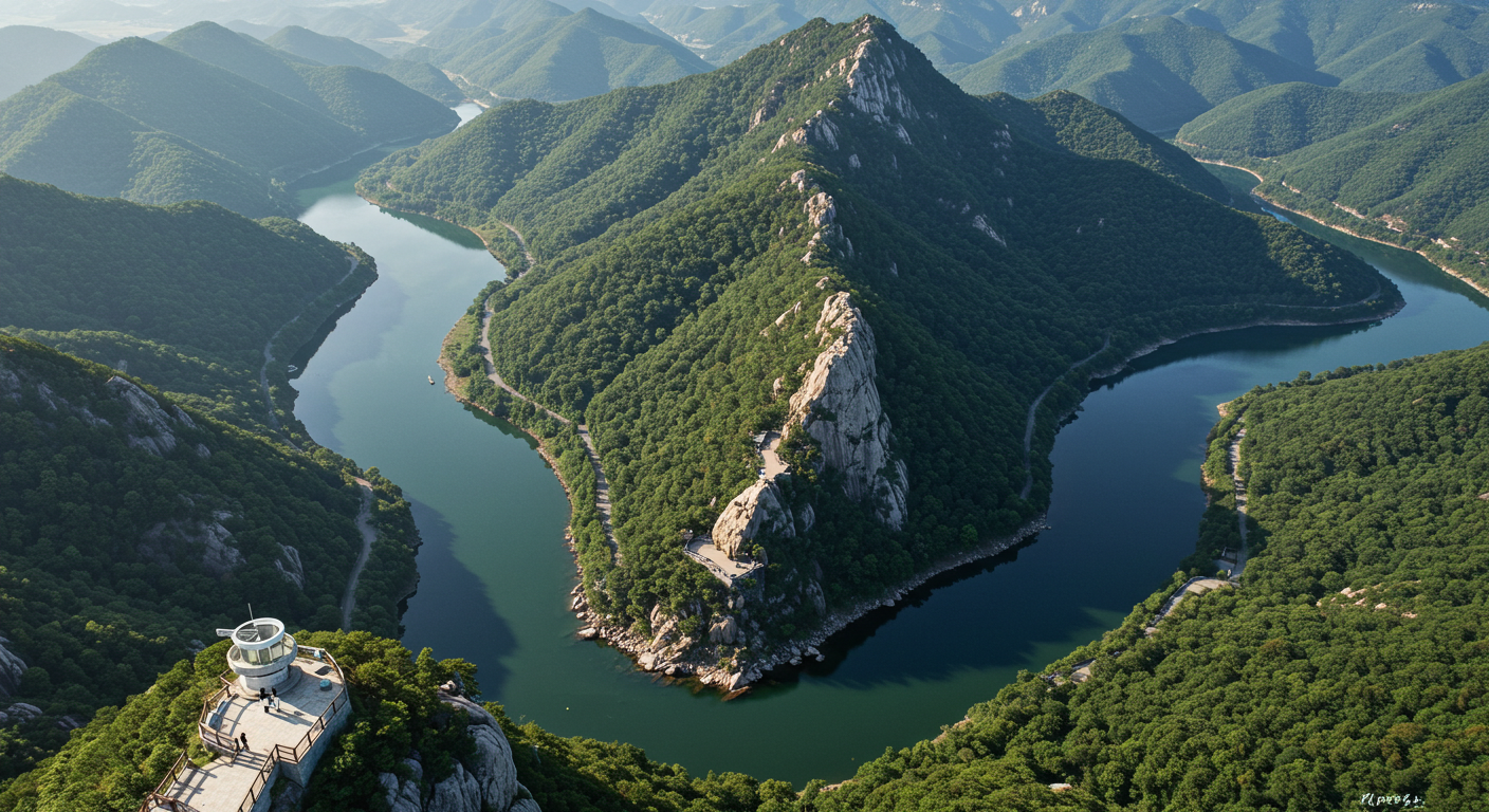영월 한반도지형 전망대에서 한국인 커플이 지형을 감상하는 항공 사진