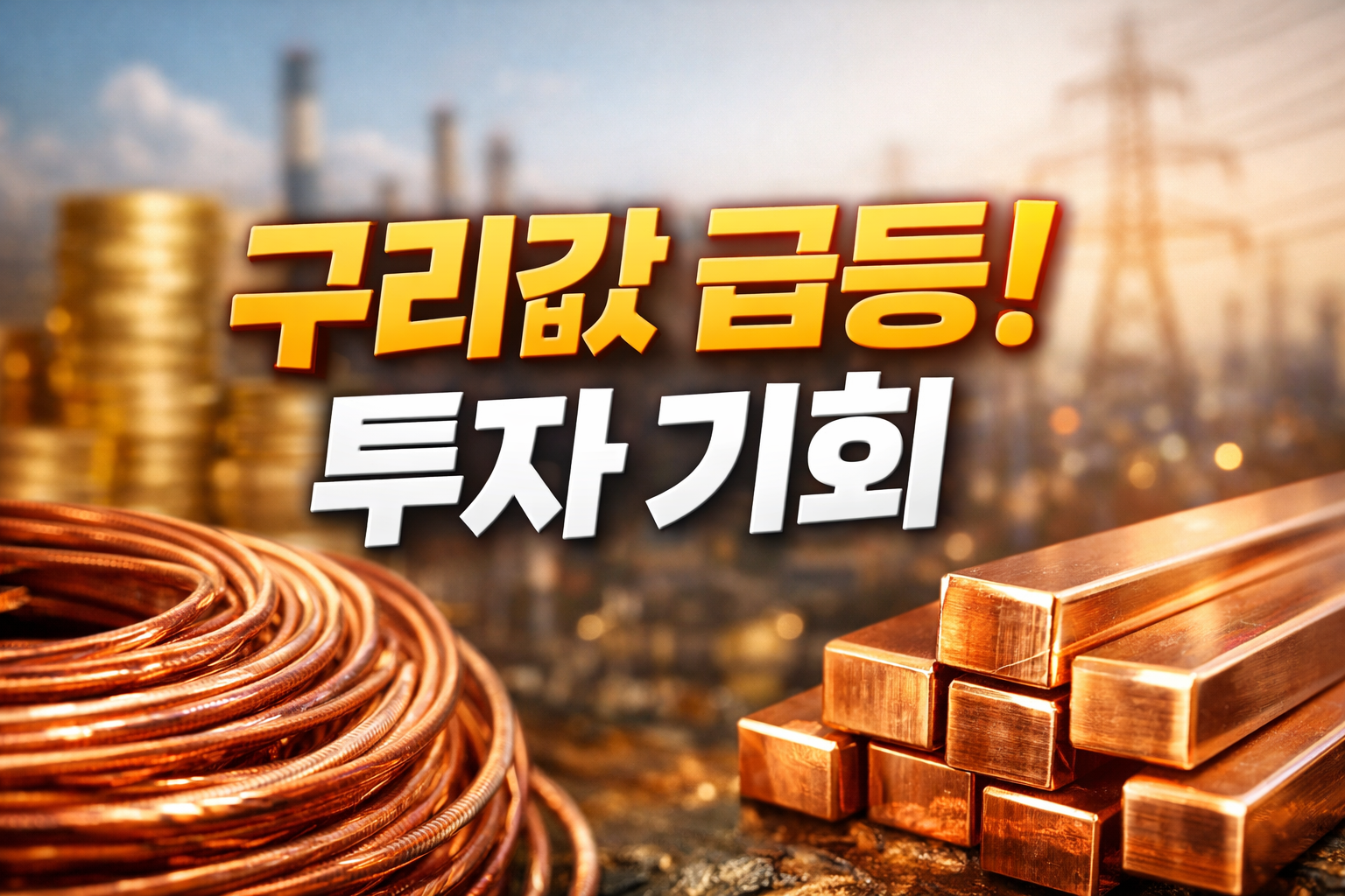 구리 코일과 구리 바를 배경으로 전력망 실루엣이 흐리게 보이는 이미지 위에 &lsquo;구리값 급등! 투자 기회&rsquo;라는 문구가 크게 들어간 경제 블로그 썸네일