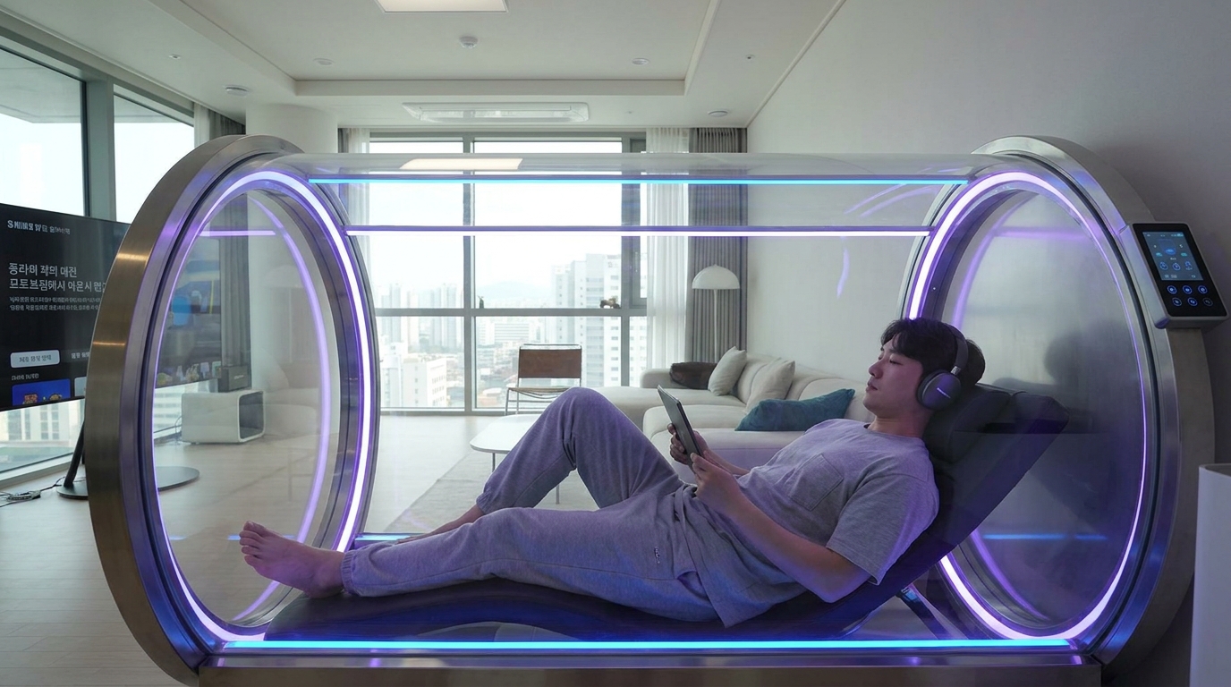 노화 역행을 위해 자택에 설치된 고가형 고압 산소 챔버 활용 루틴