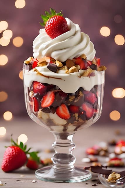 유리볼에 딸기 조각, 견과류, 그릭요거트 위에 휘핑크림과 딸기를 올린 디저트 파르페