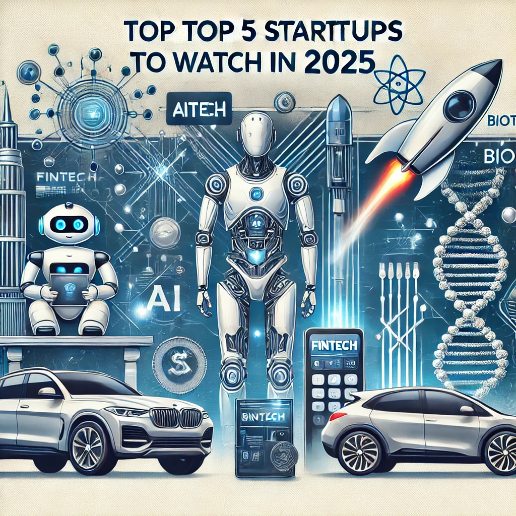 &quot;2025년 주목해야 할 TOP 5 스타트업을 상징하는 현대적이고 미래지향적인 일러스트. AI 로봇, 디지털 결제 핀테크 개념, 우주 탐사를 위한 로켓 발사, 바이오테크 DNA 구조, 전기차가 포함되어 있으며, 혁신적인 기술과 산업의 성장을 시각적으로 표현한 이미지.&quot;
