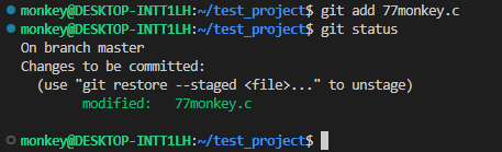 git add 77monkey.c; git status