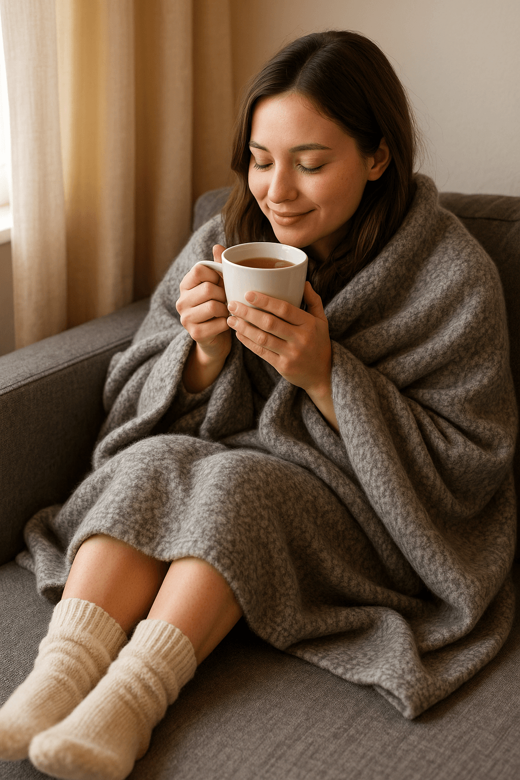 따뜻한 차를 마시며 양말을 신은 채 담요를 덮고 있는 여성의 모습(출처**자체제작)