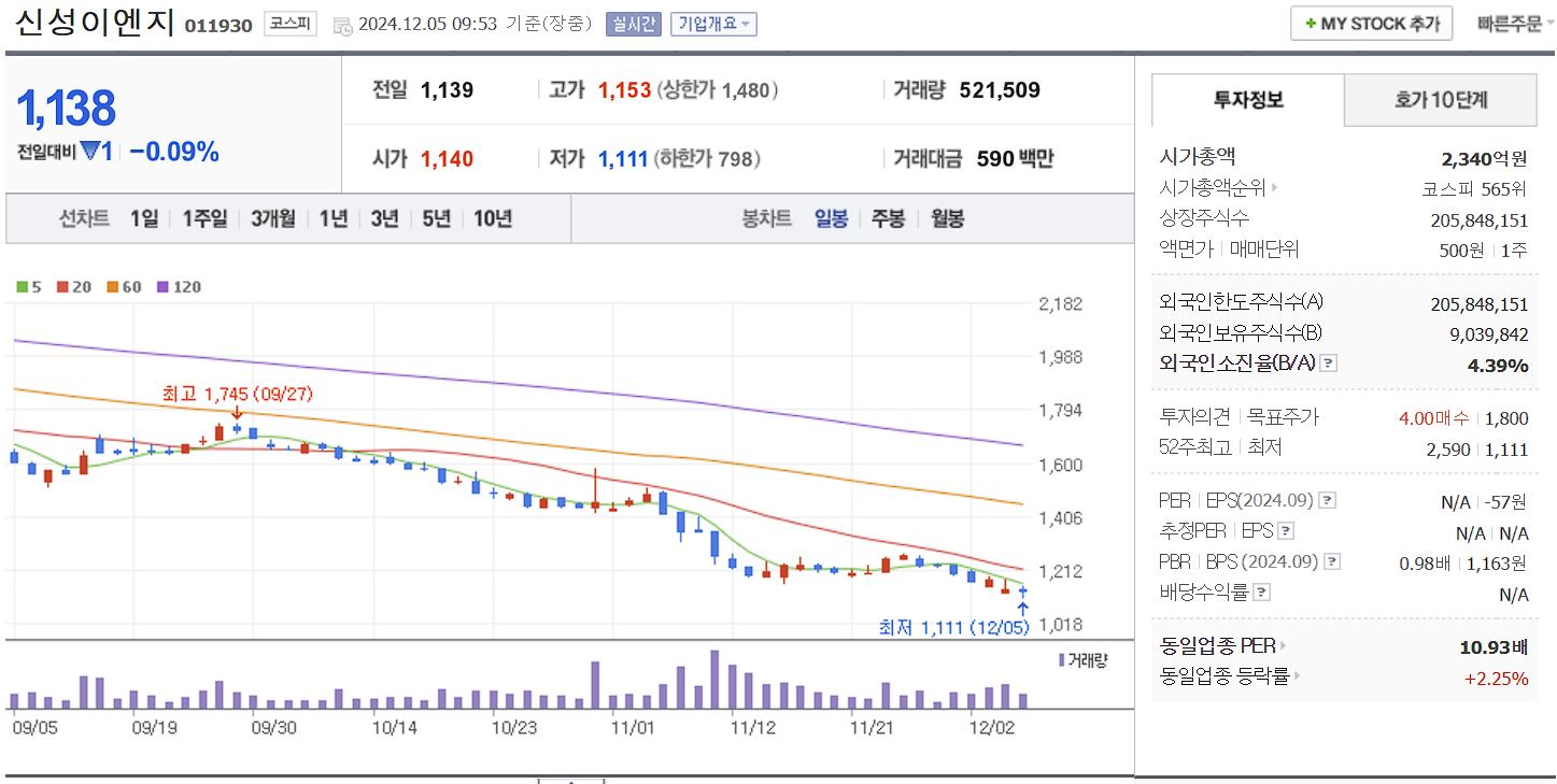 비트코인 관련주 신성이엔지 일봉 차트