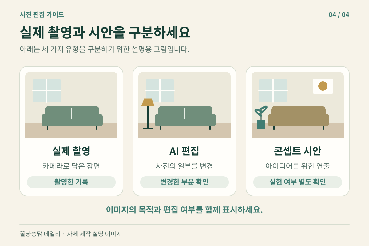 실제 촬영, AI 편집, 콘셉트 시안의 차이를 설명한 자체 제작 도해