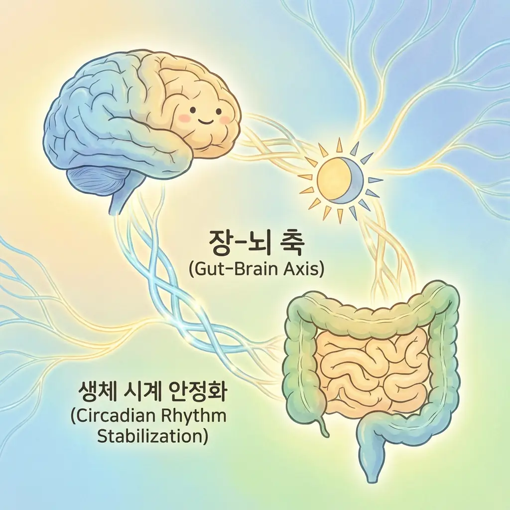 장과 뇌가 신호로 연결된 장&ndash;뇌 축 구조를 설명하는 생명과학 일러스트
