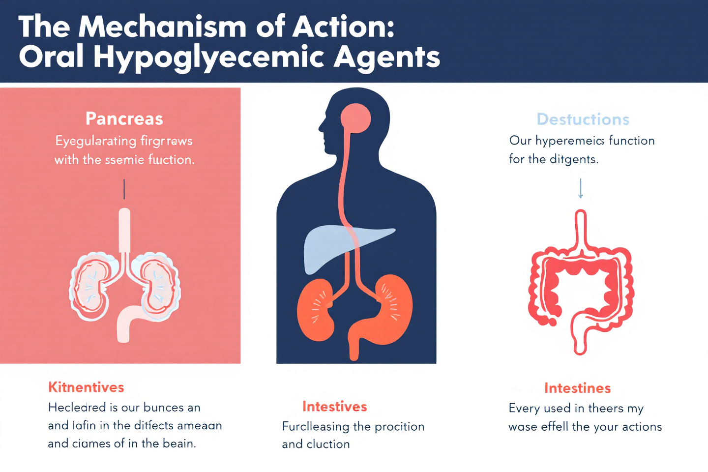 경구 혈당강하제의 작용 부위를 나타내는 인포그래픽: 췌장, 신장, 장에서 작용하는 기전을 쉽게 설명하는 이미지"