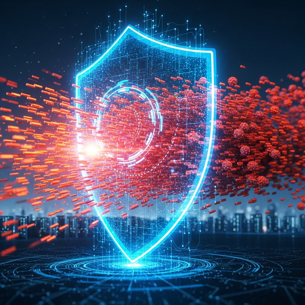 클래식 블루 테마의 거대한 디지털 방패가 붉은색 DDoS 공격 트래픽을 효과적으로 막아내고 있는 모습. 클라우드플레어의 강력한 보안 시스템을 상징합니다.