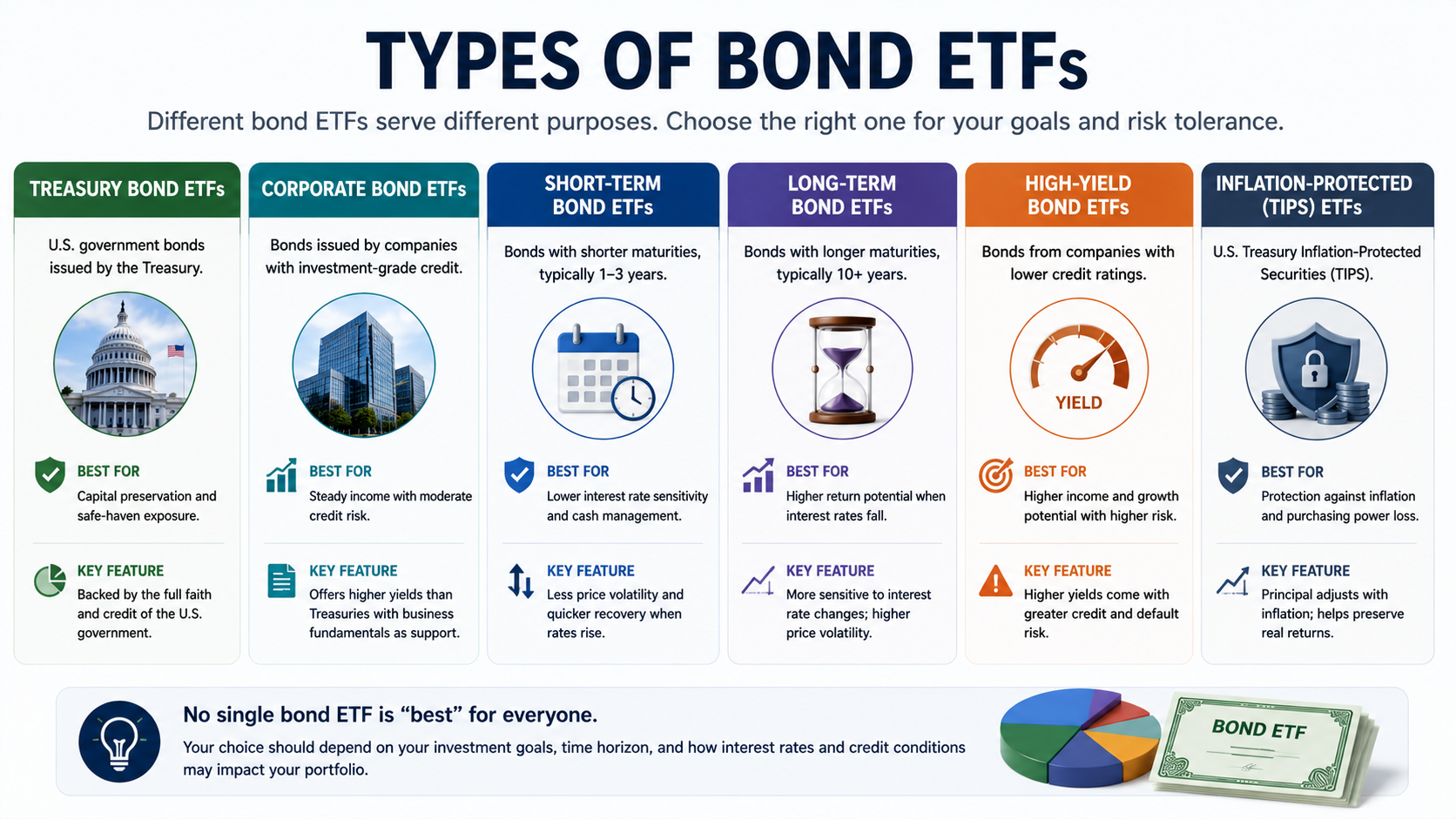 Comparison of different bond ETF types including Treasury, corporate, short-term, long-term, high-yield, and inflation-protected bond ETFs.