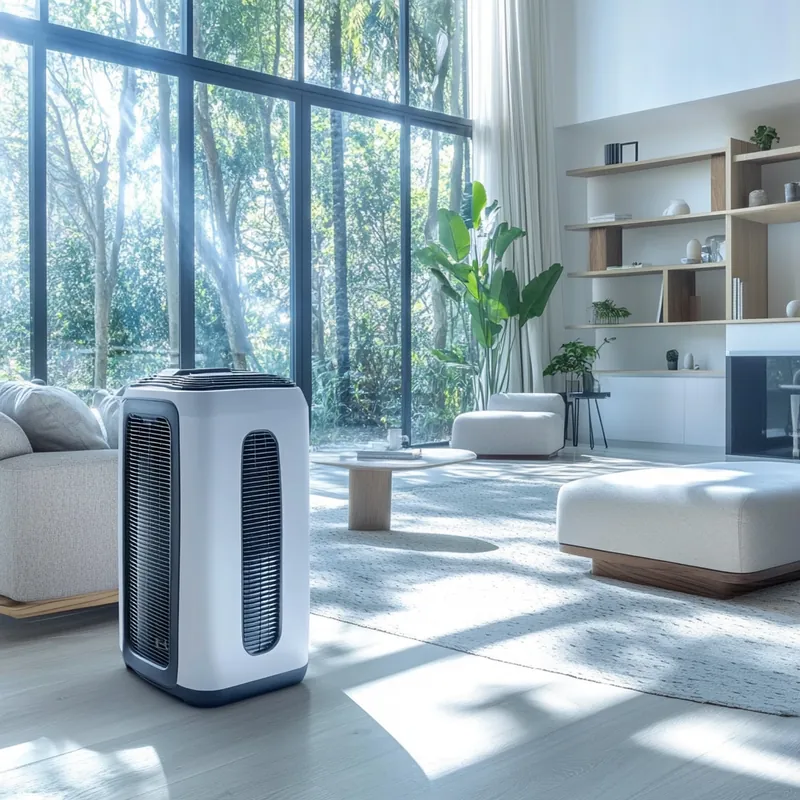 널찍한 거실에서 햇살이 비춰드는 가운데 현대식 이동식 에어컨이 공간을 쾌적하게 만듭니다. 자연스럽게 녹아든 현대적인 디자인이 편안함을 더합니다.