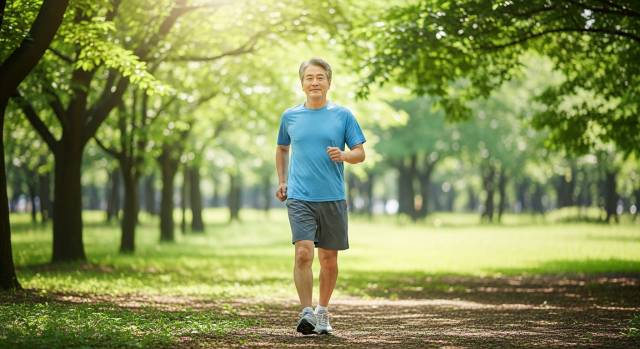 체중 감량을 위해 공원에서 걷기 운동하는 60대 한국인 이미지