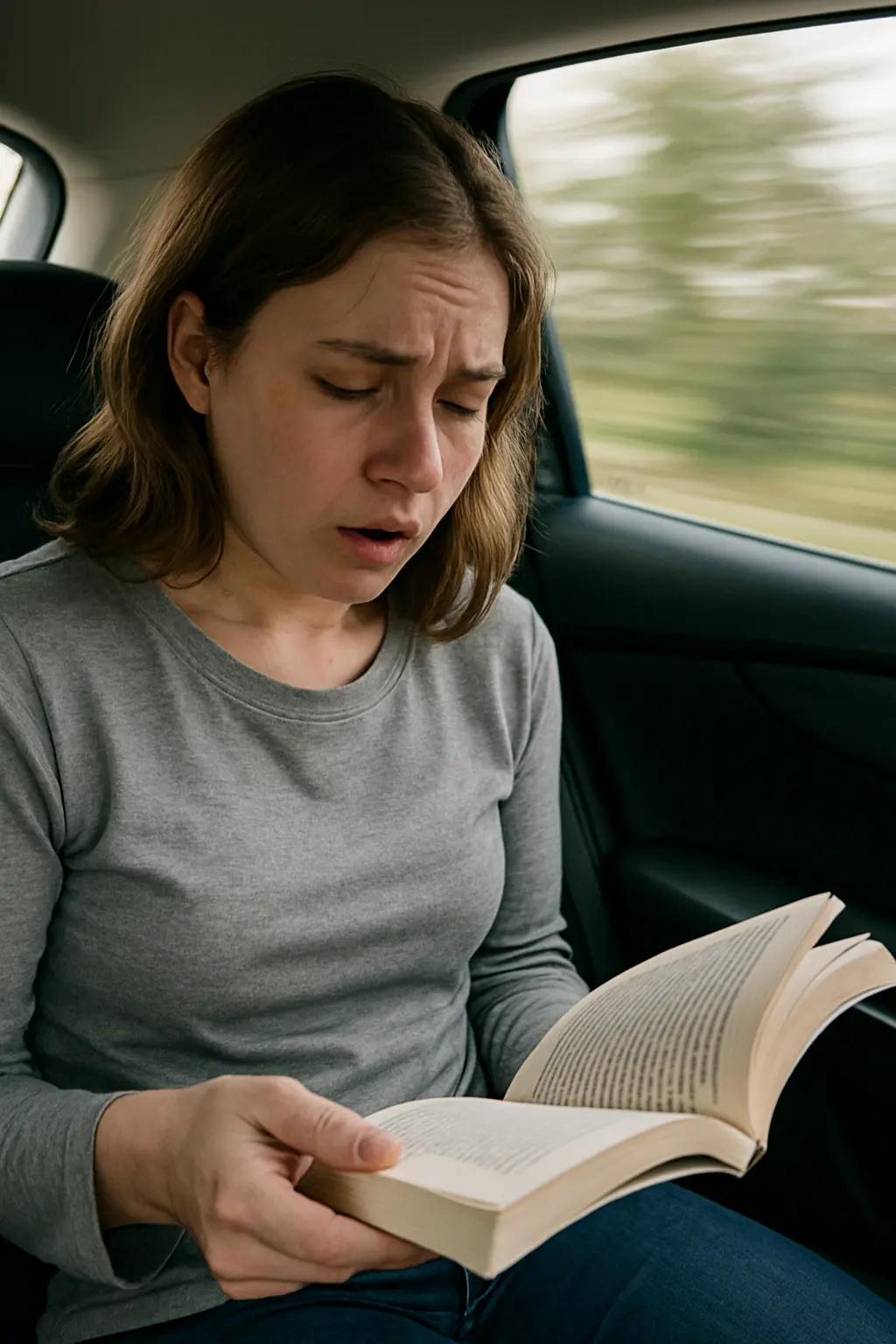 자동차-뒷좌석에서-책을-읽으며-속도감-있는-창밖을-보고-머리가-어지러워하는-여성