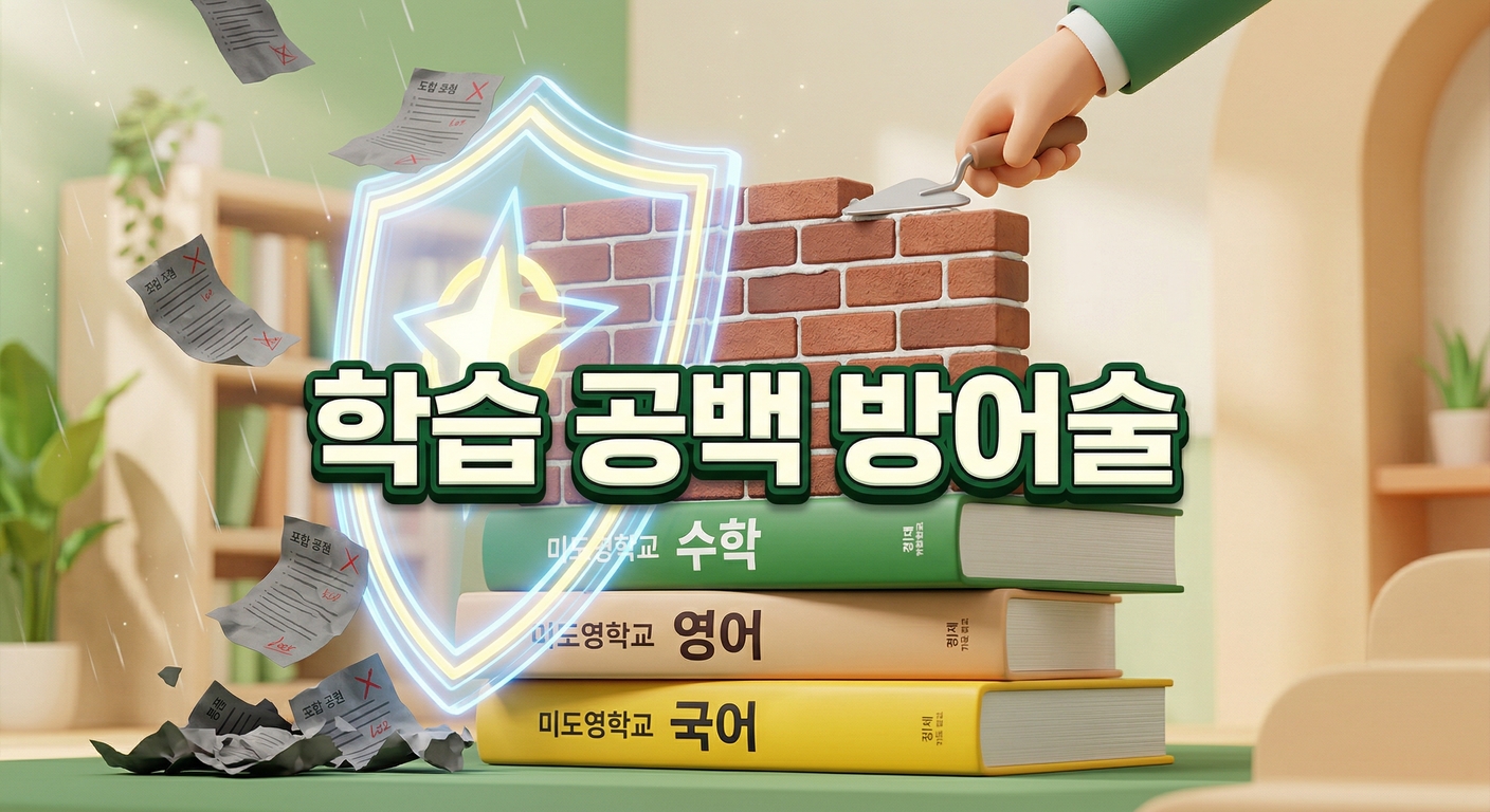 중학교 교과서 더미 위에 세워진 튼튼한 벽돌 벽을 빛나는 방패가 떨어지는 어두운 시험지들로부터 보호하고 있는 3D 일러스트 배경에, 짙은 그림자와 외곽선으로 선명하게 강조된 '학습 공백 방어술'이라는 한글 문구가 중앙에 적힌 이미지