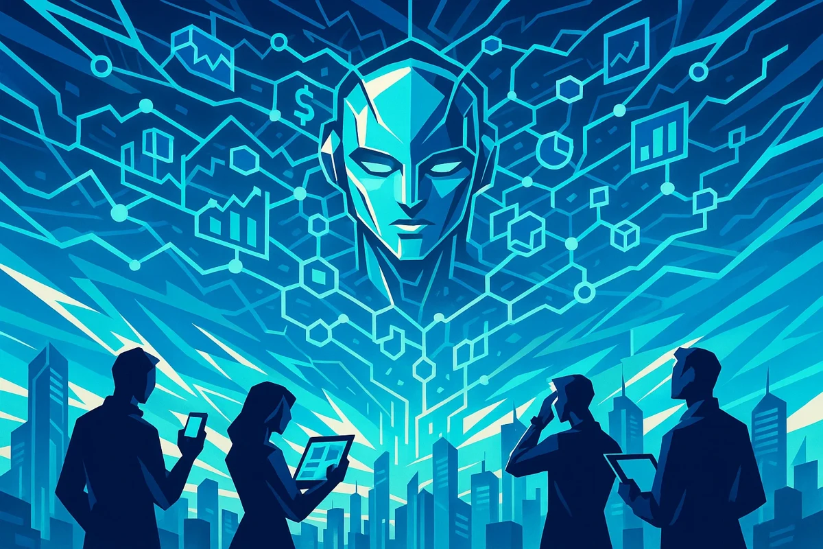 AI와 금융 데이터가 어우러진 미래적 디지털 금융 혁신을 상징하는 이미지