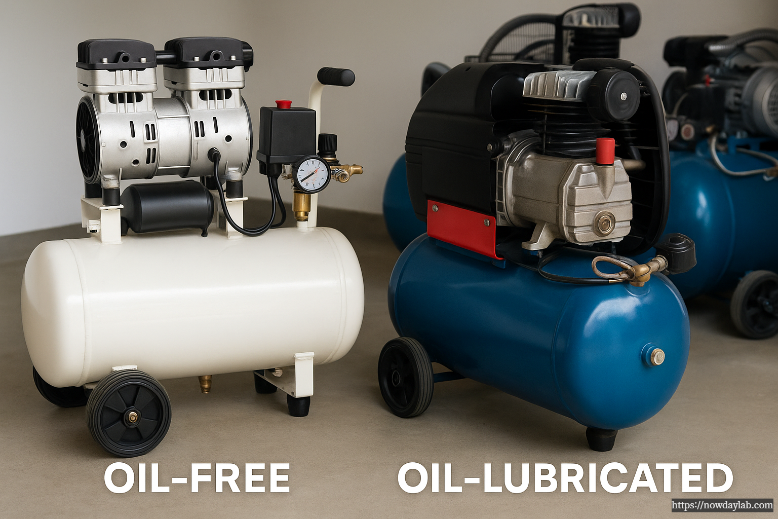 Side-by-side comparison photo of an oil-free and oil-lubricated air compressor showing key design differences.