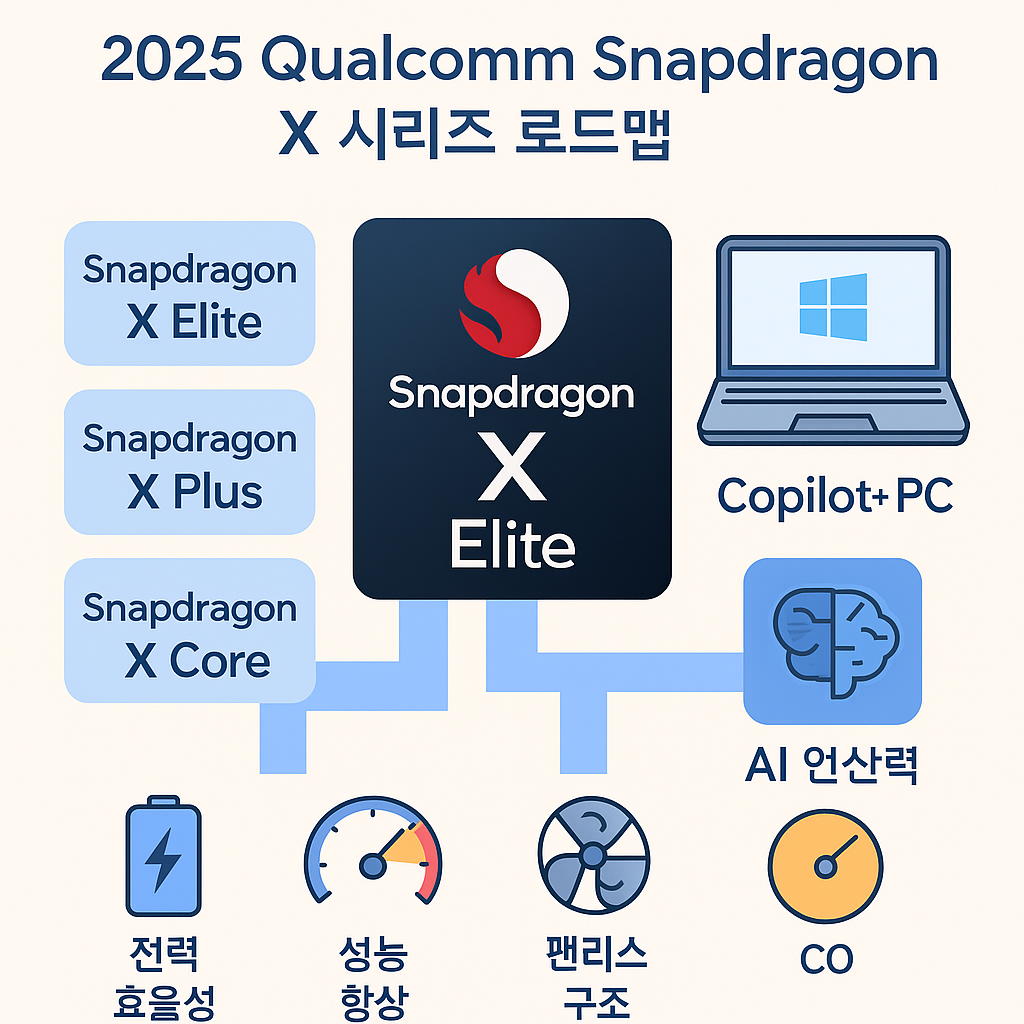 X 시리즈 확장, Windows 최적화, 저전력 구조 요약 2025년 스냅드래곤 로드맵 인포그래픽
