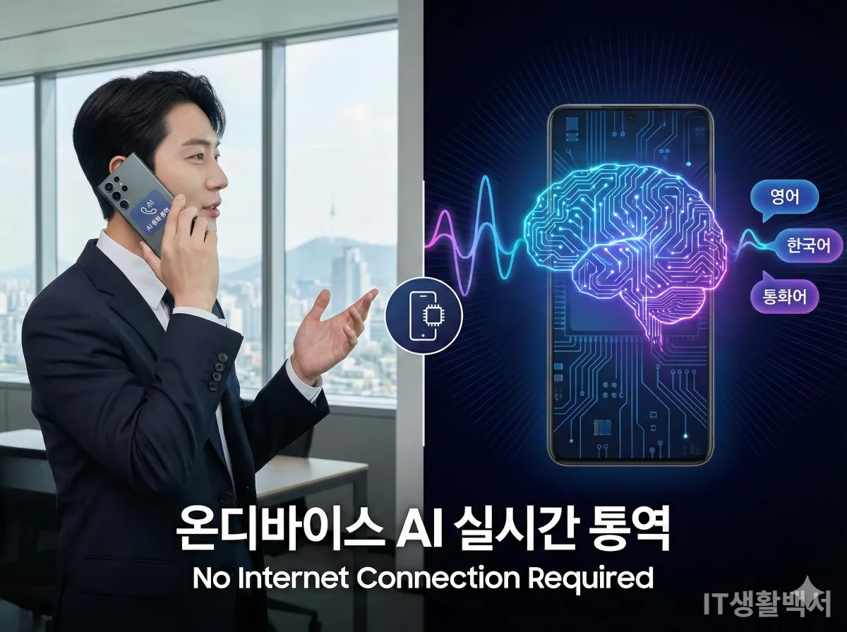 인터넷 연결 없이 갤럭시 스마트폰의 온디바이스 AI로 실시간 통화 통역을 하는 모습