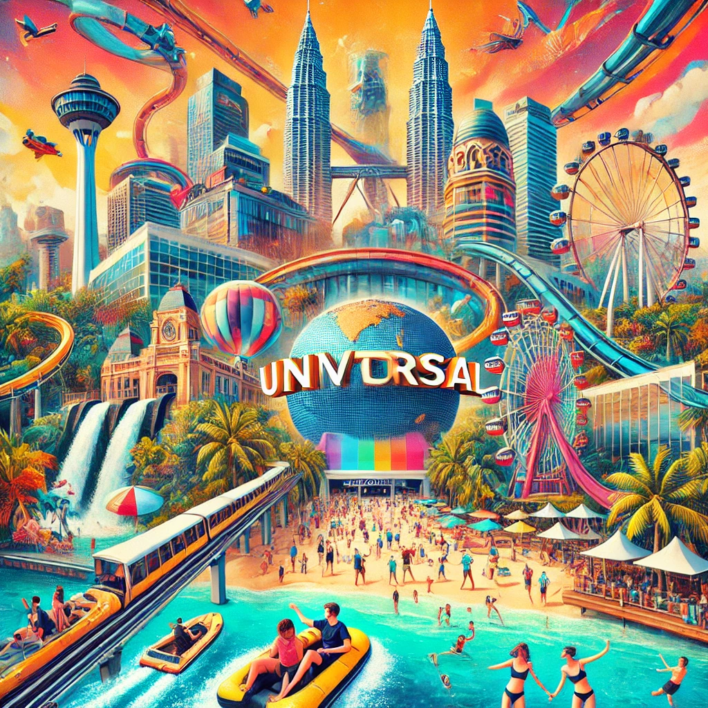 센토사섬 전경, 유니버설 스튜디오, 루지, 해변 액티비티, 스카이라인 등이 담긴 다채로운 활동 이미지 콜라주