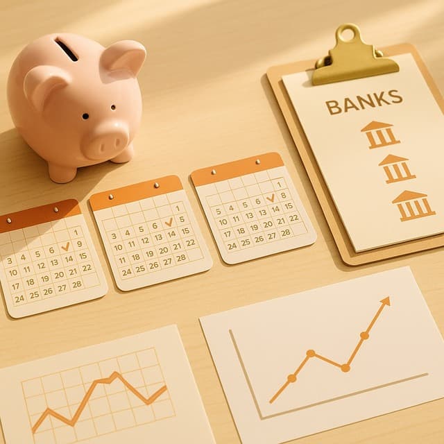 깔끔한 책상 위 저금통, 만기 표시가 다른 3개의 달력, 여러 은행 로고가 적힌 서류철과 분산을 상징하는 선 그래프가 배치된 상단 구도 이미지