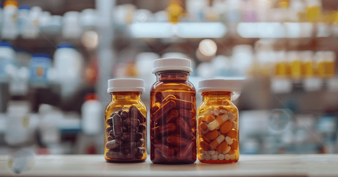 약국 내 진열된 약병 사진