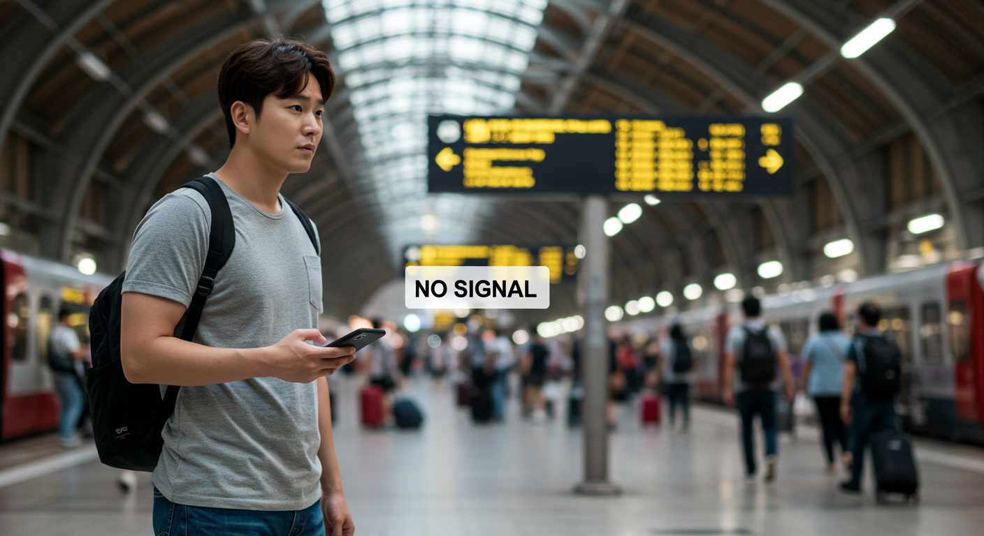 해외여행 중 통신이 끊겨 스마트폰 화면에 "신호 없음" 메시지가 뜬 채 길을 잃은 여행자.