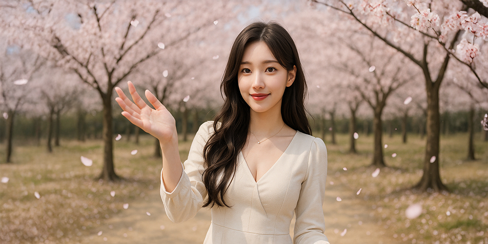 벚꽃이 흩날리는 걸 잡으려는 사람