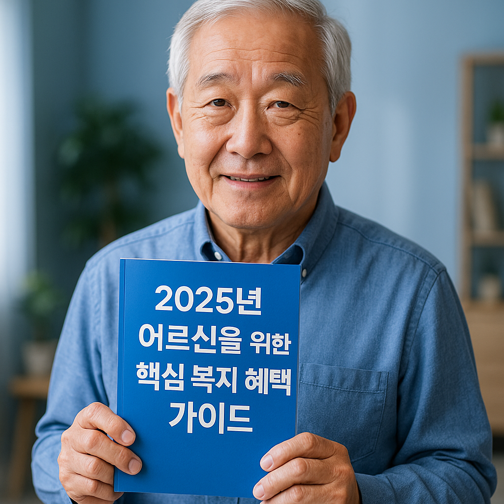 남성의 어르신이 2025년 어르신을 위한 핵심 복지 혜택 가이드 라는 책을 들고 계신 사진 이미지
