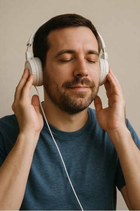 스트레스 해소를 위해 음악 감상중인 30대 남자의 모습