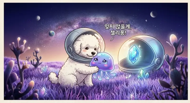 고쳐진 우주선 앞에서 푸른 원석을 장착하고, 울먹이는 외계인 친구 젤리퐁과 다정하게 포옹하며 작별 인사를 나누는 코코.