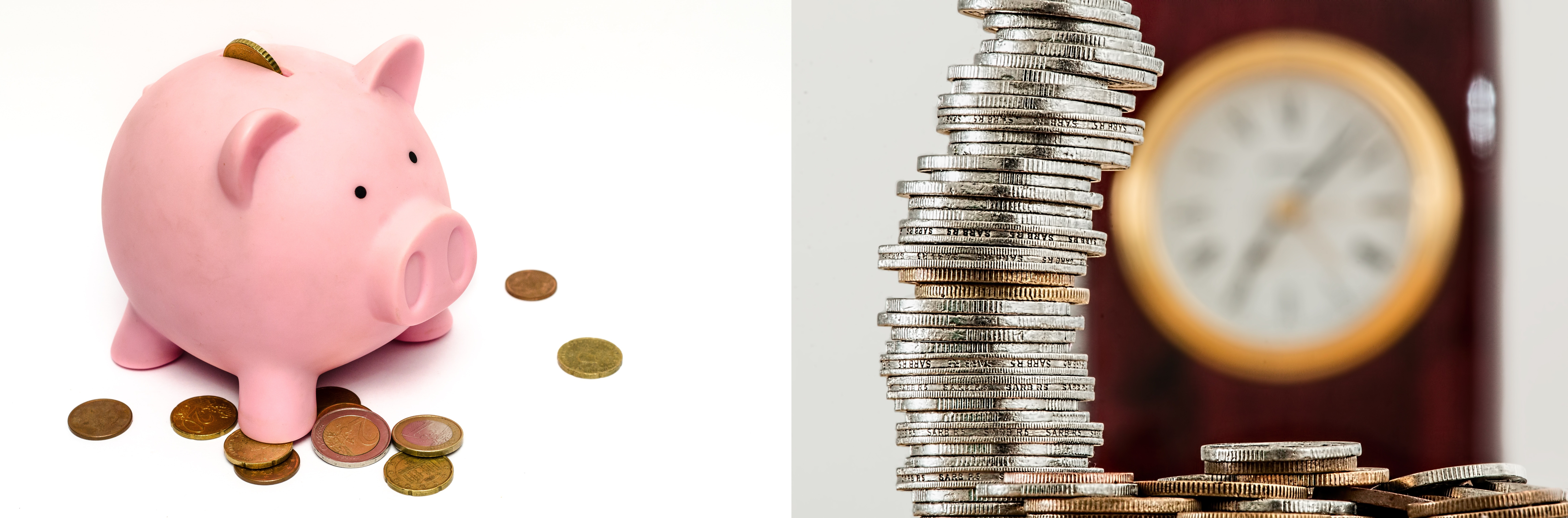 은행 예적금관련 돼지저금통과 동전을 쌓아둔 사진