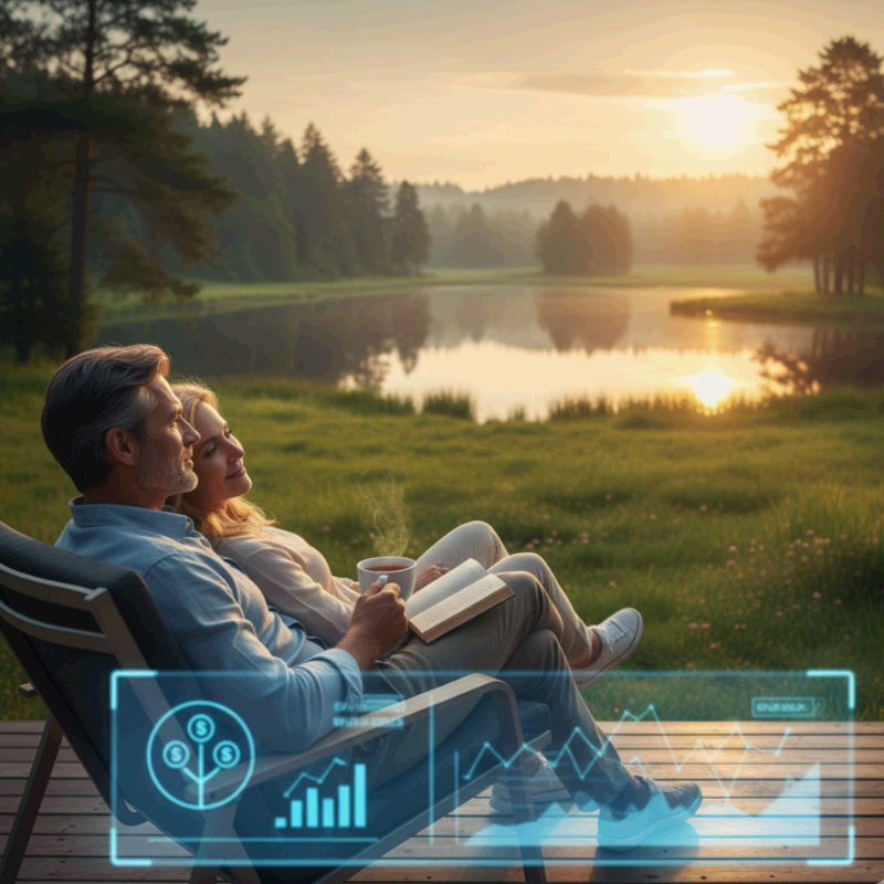 {재정적 안정을 이룬 부부가 호숫가에서 편안하게 휴식하는 모습. 펀드를 통한 노후 자금 마련으로 얻게 될 경제적 자유와마음의 평화를 표현함.