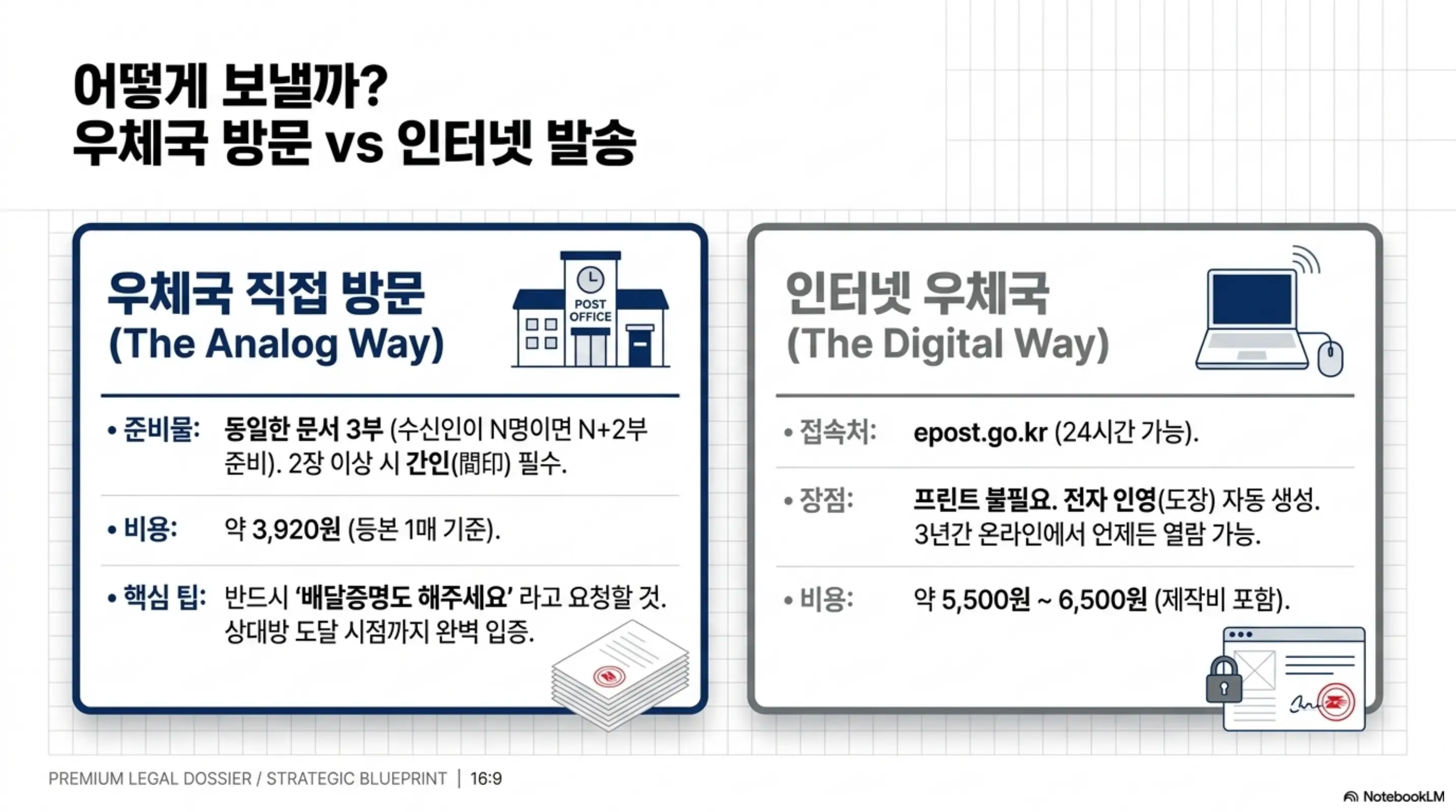내용증명 보내는 법을 우체국 직접 방문과 인터넷 우체국으로 비교한 웹배너 이미지. 이 이미지는 각 방법의 준비물&middot;비용&middot;장점 차이를 시각적으로 전달하며&amp;#44; 블로그의 내용증명 비용과 관련된 내용을 설명함