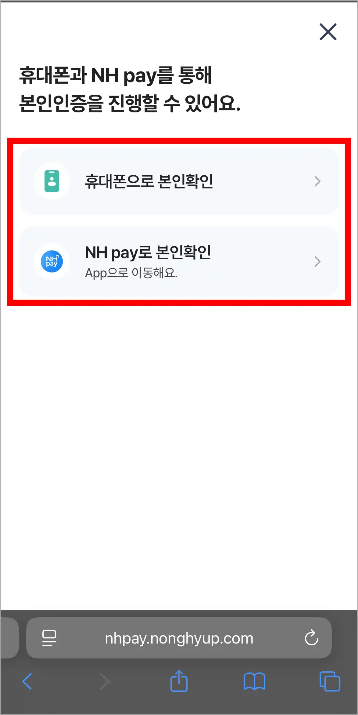 휴대폰 또는 NH pay로 본인확인을 진행