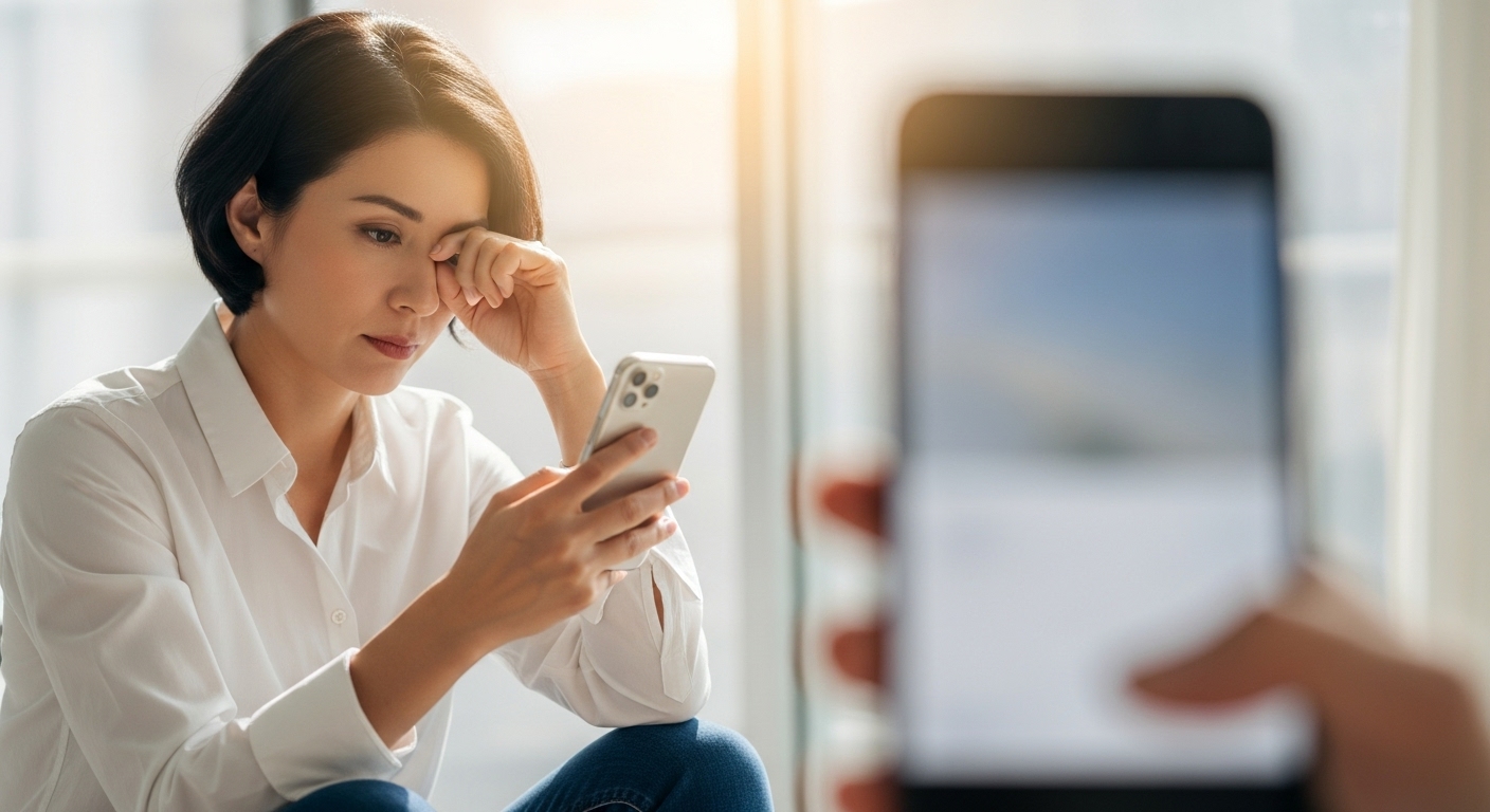 스마트폰 화면이 흐려보이고 초첨이 맞지않는 이미지