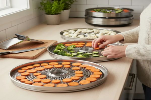 사람의 손이 얇게 썬 당근, 브로콜리, 케일 등의 채소를 식품 건조기 트레이에 고르게 펼쳐놓고 있습니다. 야채가 겹치지 않게 배열되어 건조 준비가 완료된 모습입니다.