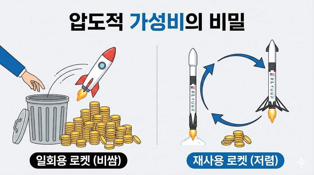 스페이스X의 재사용 로켓 기술이 가져오는 비용 절감 효과를 비교한 인포그래픽
