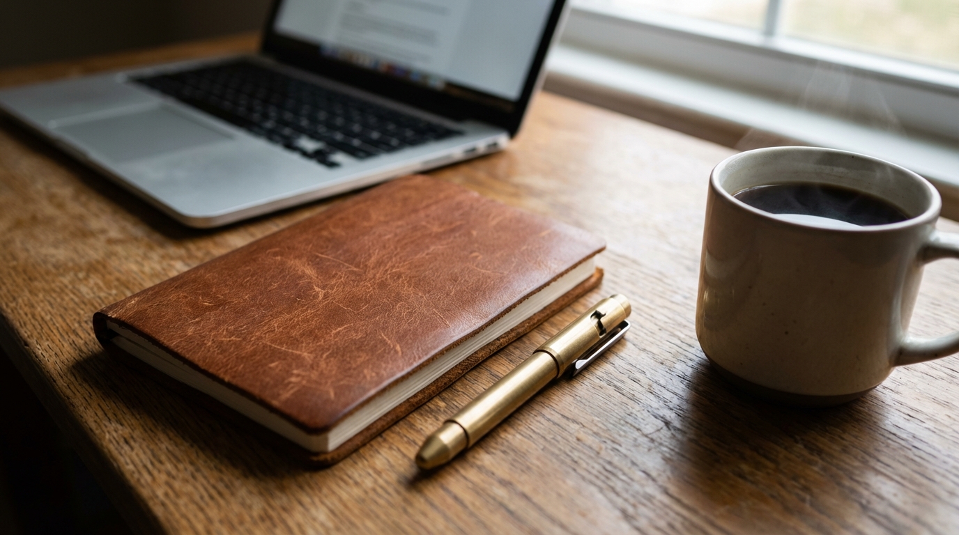 감정 통제와 메타인지 향상을 위해 작성하는 투자 일지와 노트북이 놓인 차분한 분위기의 작업 공간