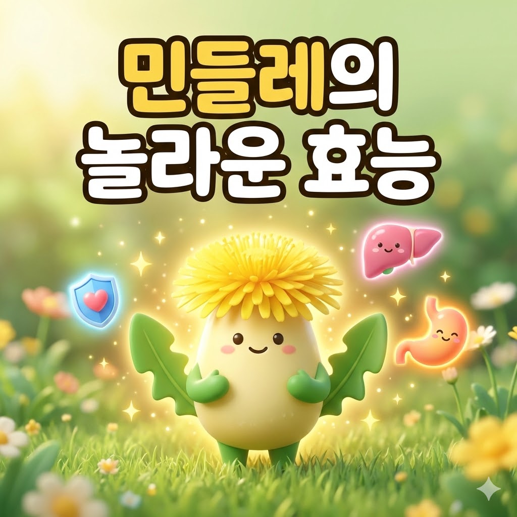 활짝 핀 민들레 캐릭터가 건강 에너지를 뿜어내는 모습, '민들레의 놀라운 효능' 문구가 있는 3D 카툰 일러스트.