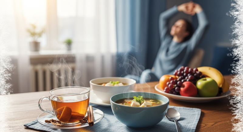 따뜻한 겨울 햇살이 비치는 창가 테이블 위에 놓인 따뜻한 차 한 잔과 건강한 단백질 식단, 그리고 뒤편에서 가볍게 스트레칭을 하는 모습